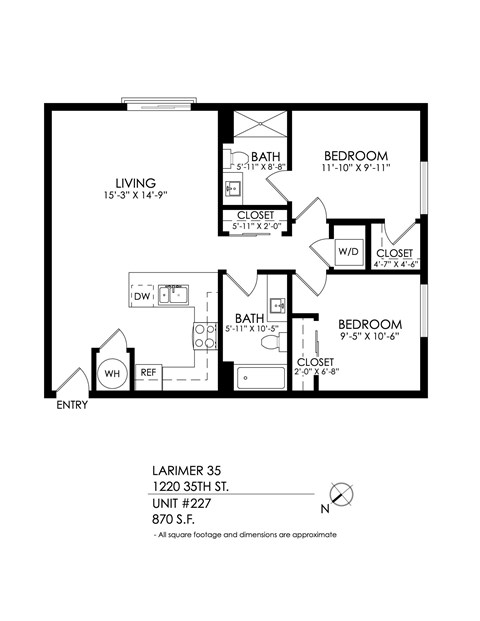 Floor plan for 2 beds, 2 baths, 1040 sqft